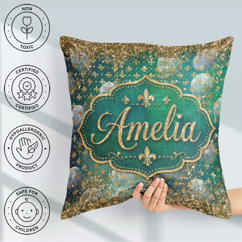 Custom Name Teal Gold Fleur De Lis Ornament Seamless Design Luxe Square Filled Cushion Throw Pillow Sofa Bed Home Decor Zip Washable UK Made