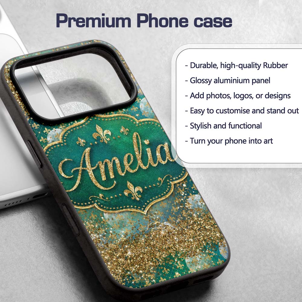 Teal Gold Fleur De Lis Ornament Seamless Pattern Custom Name Protective Phone Case Mobile Cover Durable Everyday Smartphone Shock Resistant