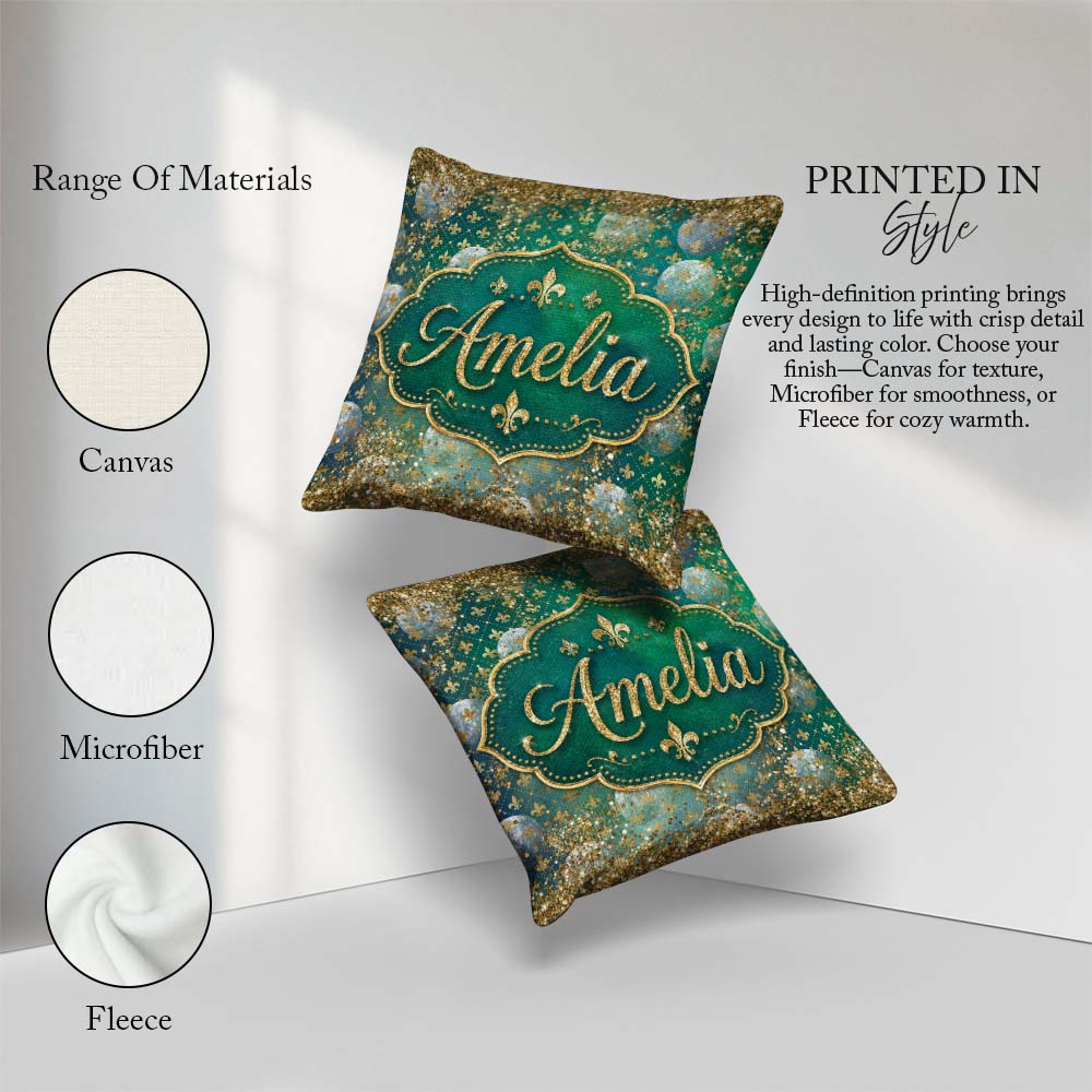 Custom Name Teal Gold Fleur De Lis Ornament Seamless Design Luxe Square Filled Cushion Throw Pillow Sofa Bed Home Decor Zip Washable UK Made