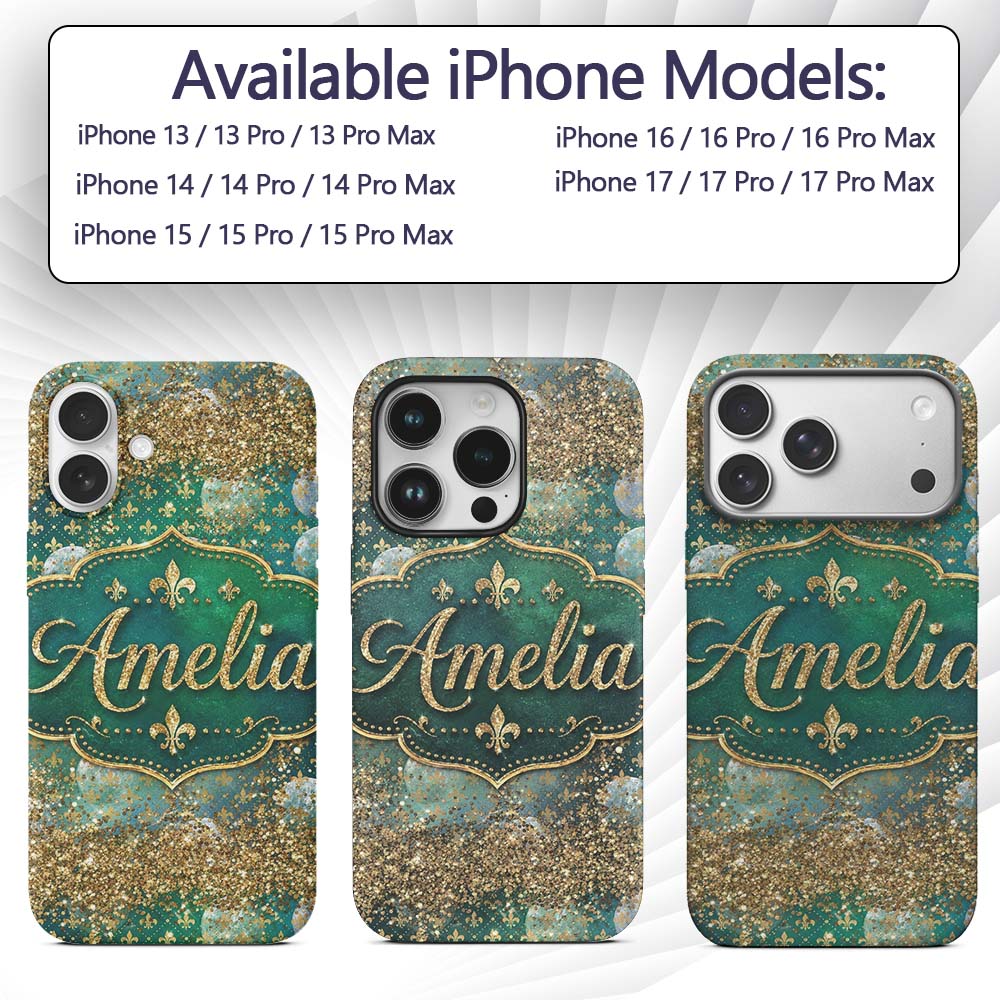 Teal Gold Fleur De Lis Ornament Seamless Pattern Custom Name Protective Phone Case Mobile Cover Durable Everyday Smartphone Shock Resistant