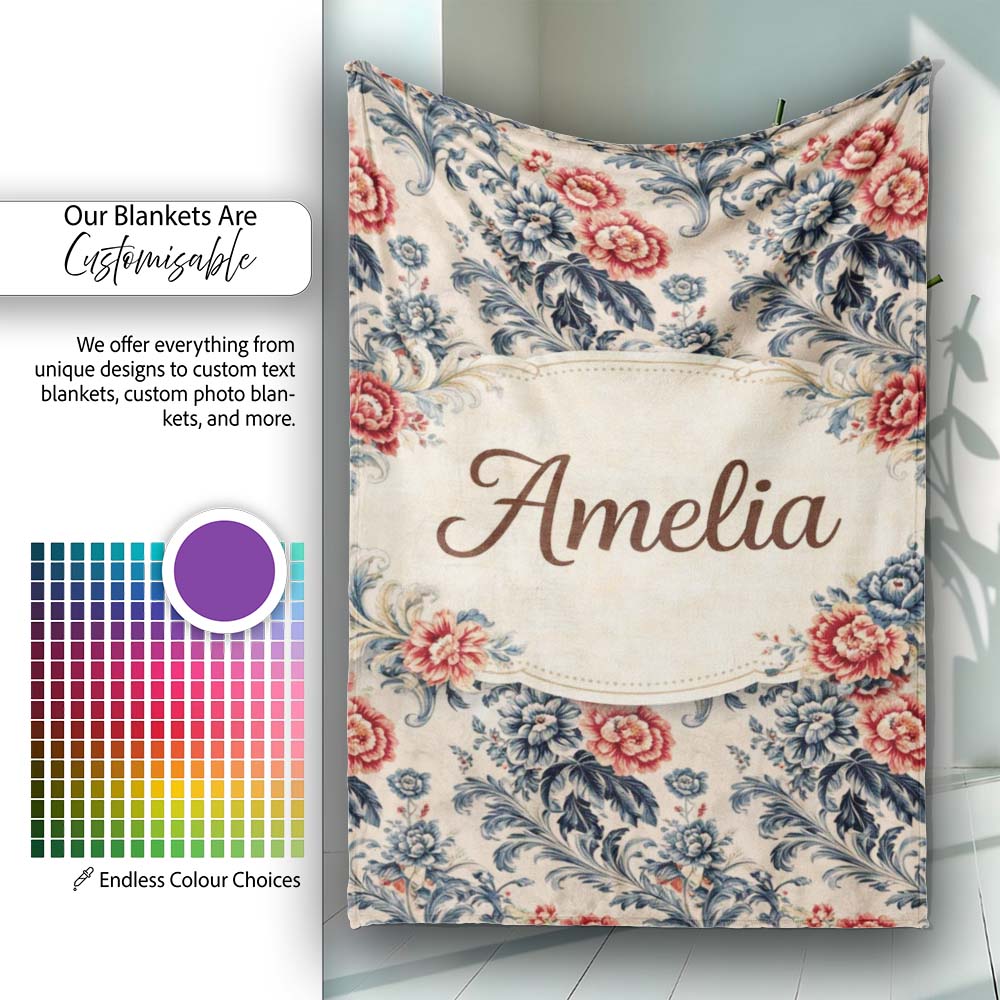 Blue Red Vintage Floral Seamless Pattern Classic Botanical Lovely Personalised Custom Name Super Soft Fleece Blanket Bed Sofa Throw