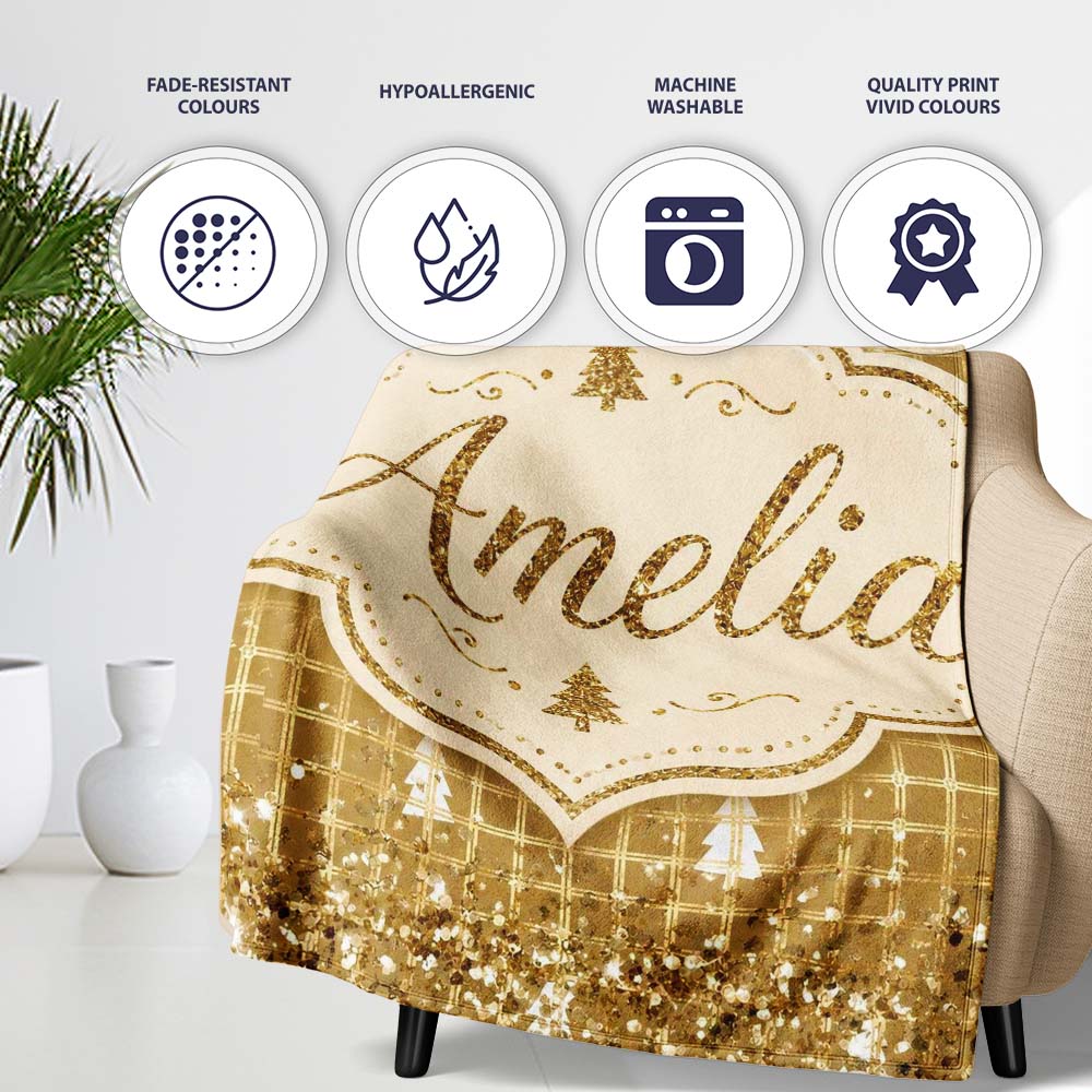 Gold Grid Christmas Tree Glitter Leopard Seamless Pattern Design Personalised Custom Name Super Soft Fleece Blanket Bed Sofa Throw