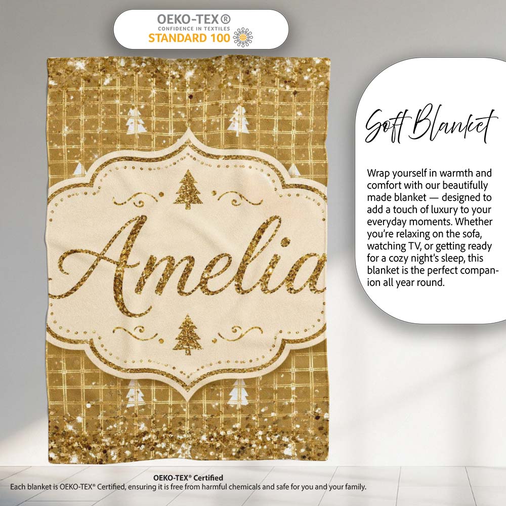 Gold Grid Christmas Tree Glitter Leopard Seamless Pattern Design Personalised Custom Name Super Soft Fleece Blanket Bed Sofa Throw