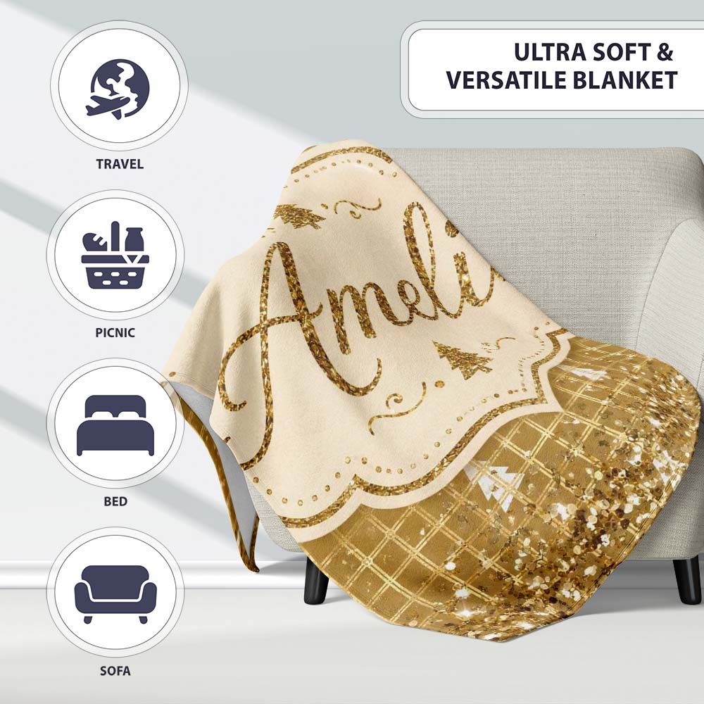 Gold Grid Christmas Tree Glitter Leopard Seamless Pattern Design Personalised Custom Name Super Soft Fleece Blanket Bed Sofa Throw