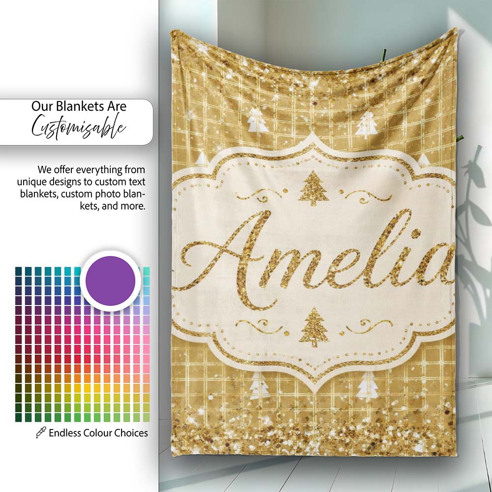 Gold Grid Christmas Tree Glitter Leopard Seamless Pattern Design Personalised Custom Name Super Soft Fleece Blanket Bed Sofa Throw