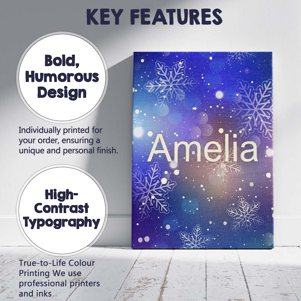 Personalised Name Blue Snowflake Bokeh Custom Modern Room Accent Elegant Feature Canvas Wall Art Print Decor Picture Ready to Hang