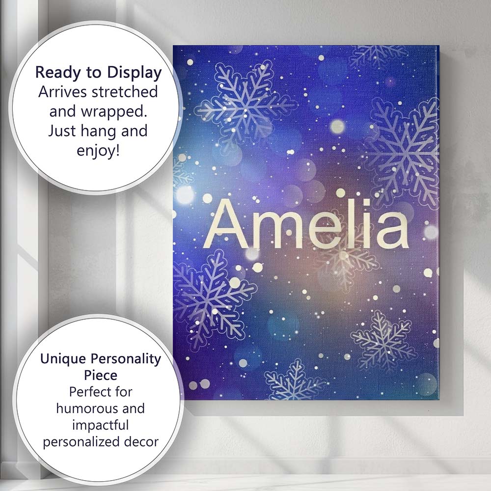 Personalised Name Blue Snowflake Bokeh Custom Modern Room Accent Elegant Feature Canvas Wall Art Print Decor Picture Ready to Hang