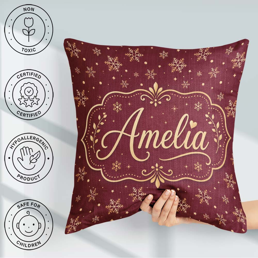 Custom Name Gold Snowflake Star Seamless Pattern Elegant Festive Square Filled Cushion Throw Pillow Sofa Bed Home Decor Zip Washable UK Made