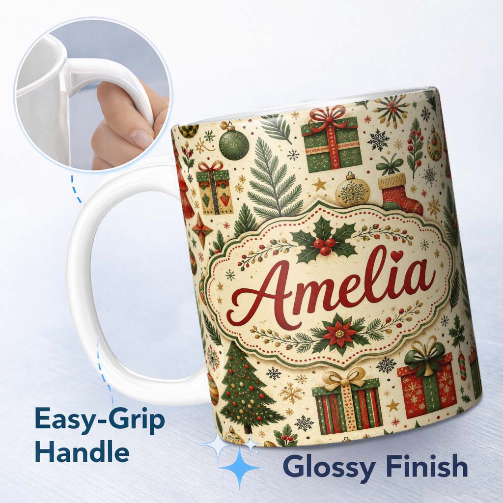 Personalized Custom Name Christmas Tree Gift Stocking Ornament Holiday Seamless Pattern 11oz Ceramic Coffee Tea Mug White Large Handle