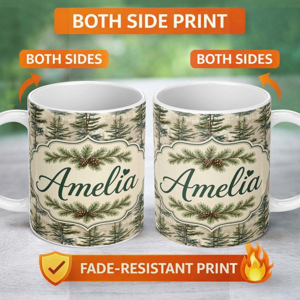 Personalized Custom Name Pine Branch with White Blossom Pattern on Light Background Lovely 11oz Ceramic Coffee Tea Mug White Large Handle