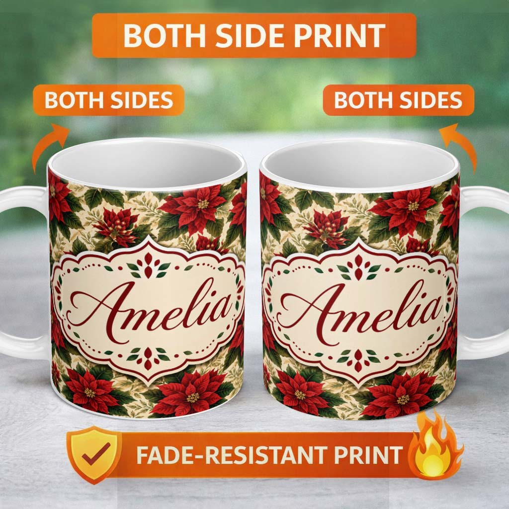 Personalized Custom Name Deep Green Background Red Poinsettia Festive Seamless Pattern Lovely 11oz Ceramic Coffee Tea Mug White Large Handle