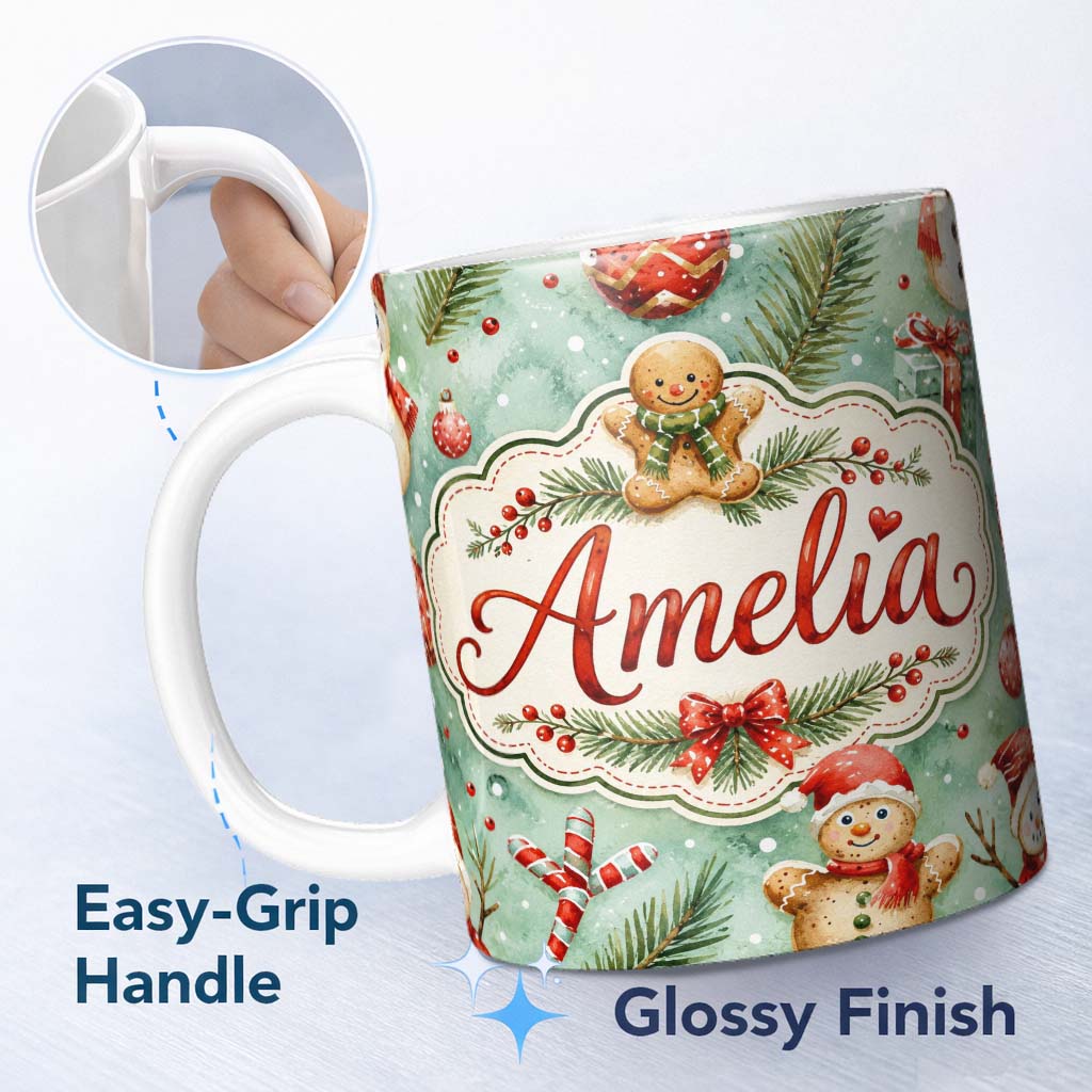 Personalized Custom Name Cute Gingerbread Snowman Candy Cane Winter Seamless Pattern Lovely 11oz Ceramic Coffee Tea Mug White Large Handle