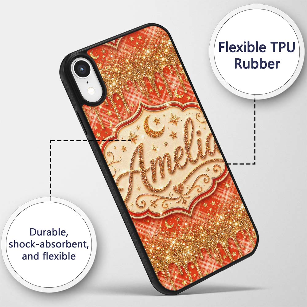 Gold Glitter Drip Red Plaid Star Seamless Pattern Custom Name Protective Phone Case Mobile Cover Durable Everyday Smartphone Shock Resistant
