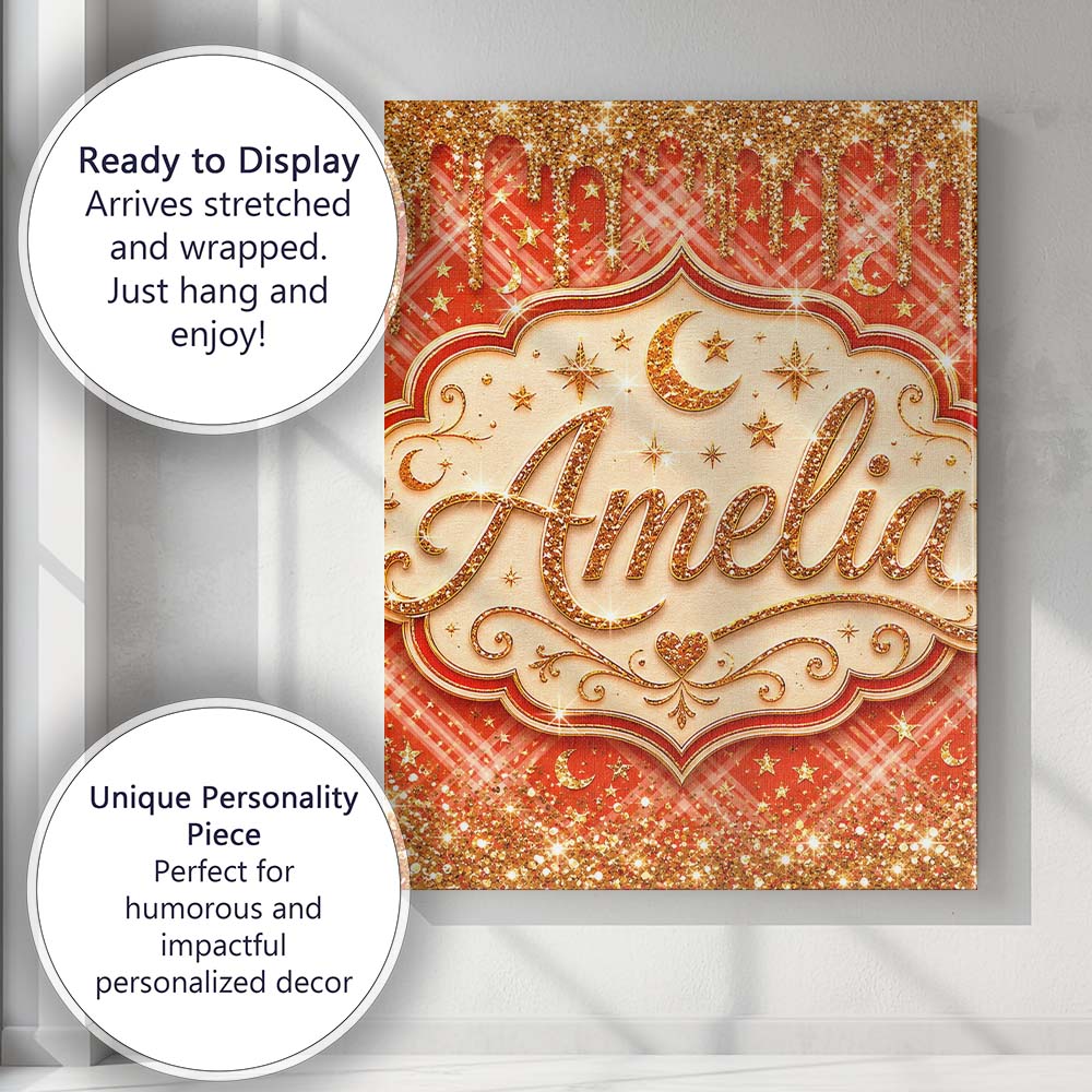 Personalised Name Gold Glitter Drip Red Custom Modern Room Accent Elegant Feature Canvas Wall Art Print Decor Picture Ready to Hang