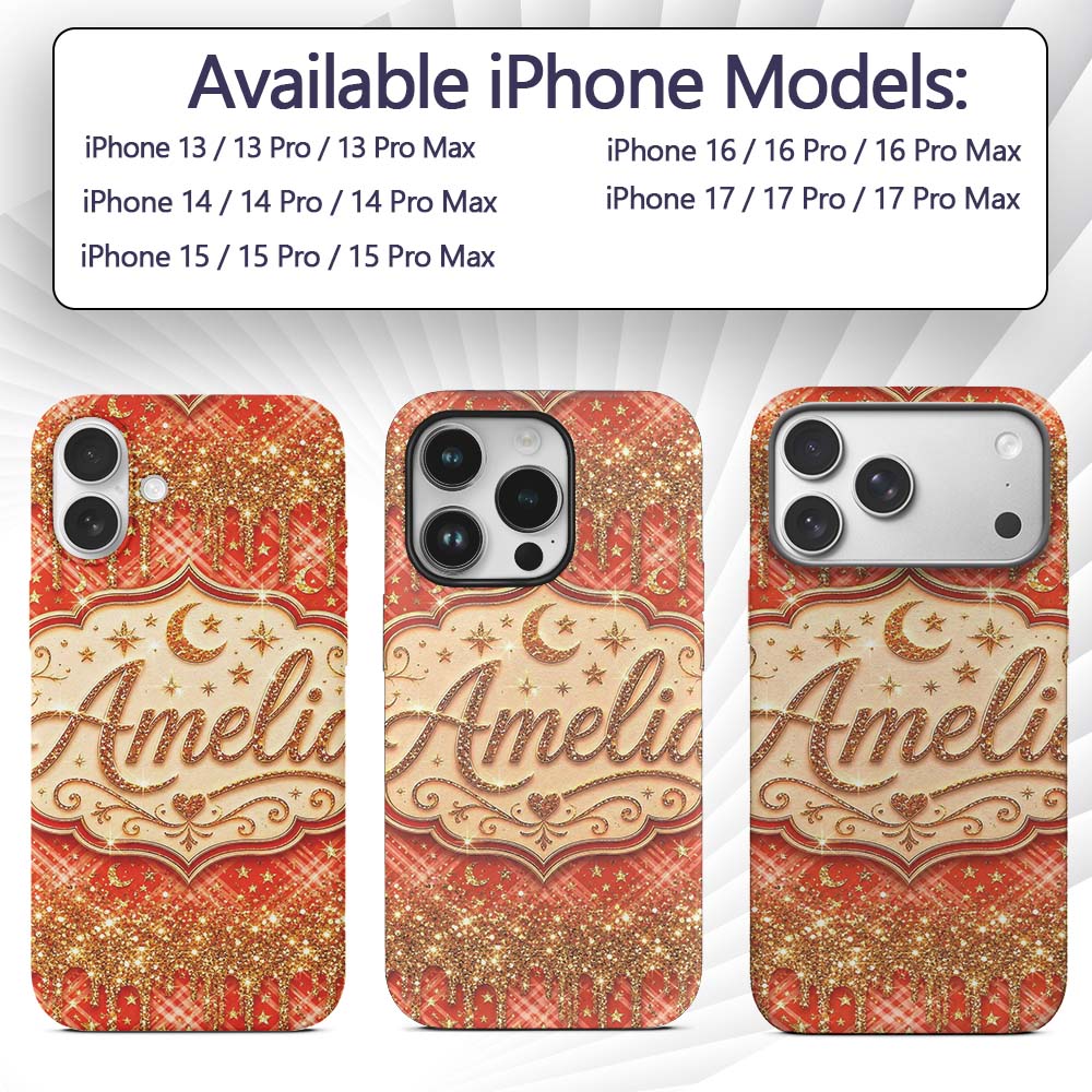 Gold Glitter Drip Red Plaid Star Seamless Pattern Custom Name Protective Phone Case Mobile Cover Durable Everyday Smartphone Shock Resistant