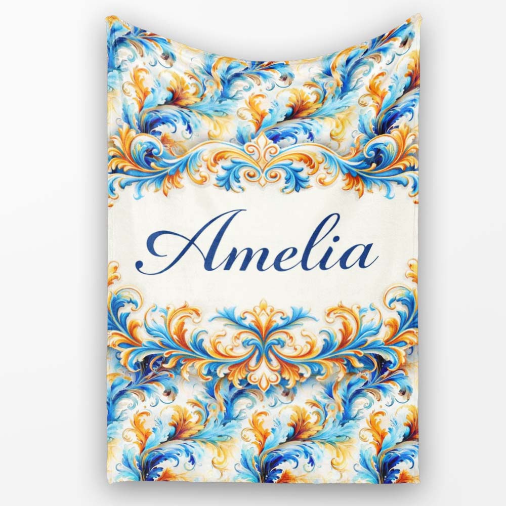 Blue Orange Baroque Floral Ornamental Decorative Design Lovely Personalised Custom Name Super Soft Fleece Blanket Bed Sofa Throw
