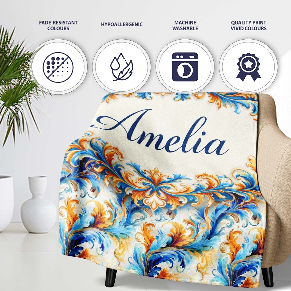 Blue Orange Baroque Floral Ornamental Decorative Design Lovely Personalised Custom Name Super Soft Fleece Blanket Bed Sofa Throw