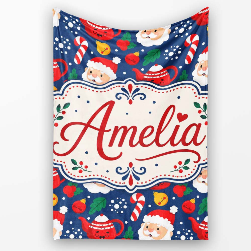 Cute Santa Teapot Candy Cane Seamless Pattern Design Fun Christmas Personalised Custom Name Super Soft Fleece Blanket Bed Sofa Throw