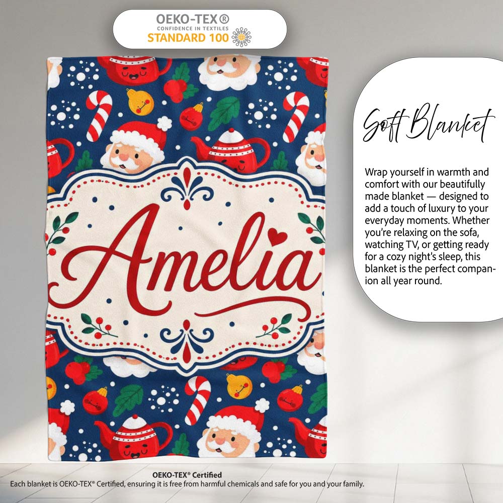 Cute Santa Teapot Candy Cane Seamless Pattern Design Fun Christmas Personalised Custom Name Super Soft Fleece Blanket Bed Sofa Throw