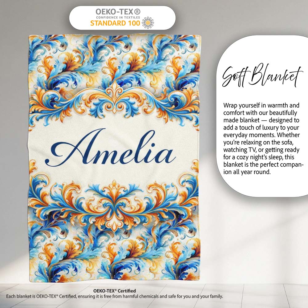 Blue Orange Baroque Floral Ornamental Decorative Design Lovely Personalised Custom Name Super Soft Fleece Blanket Bed Sofa Throw