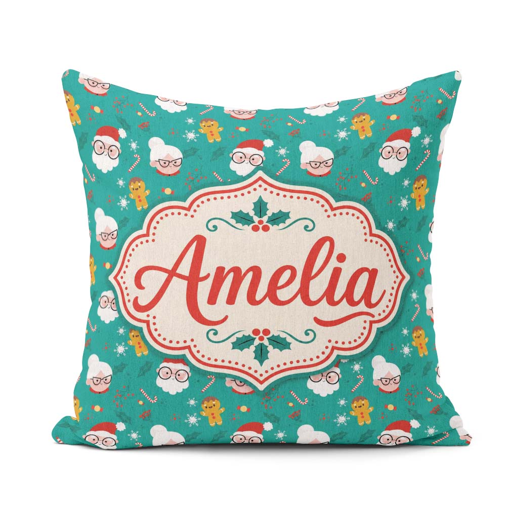 Custom Name Cute Santa Mrs Claus Seamless Pattern Design Festive Square Filled Cushion Throw Pillow Sofa Bed Home Decor Zip Washable UK Made