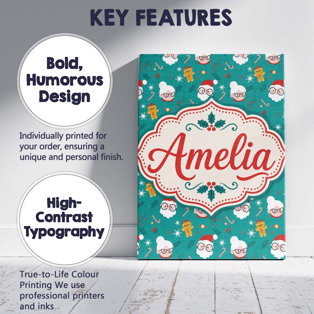 Personalised Name Cute Santa Mrs Claus Custom Modern Room Accent Elegant Feature Canvas Wall Art Print Decor Picture Ready to Hang