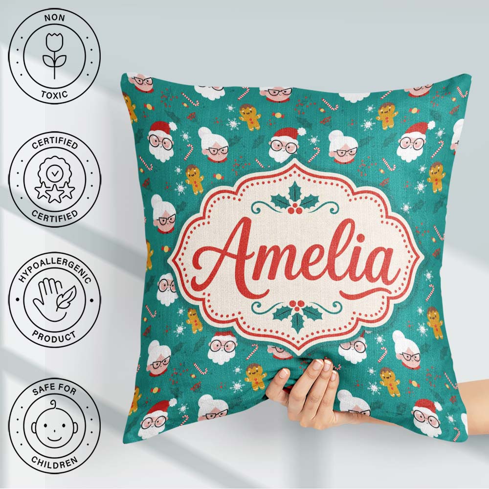 Custom Name Cute Santa Mrs Claus Seamless Pattern Design Festive Square Filled Cushion Throw Pillow Sofa Bed Home Decor Zip Washable UK Made