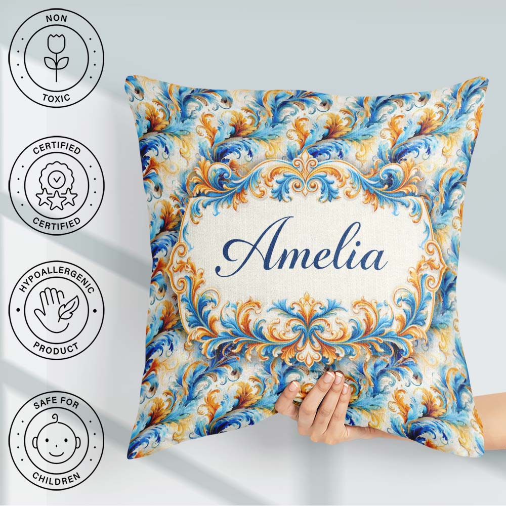 Custom Name Blue Orange Baroque Floral Ornamental Design Lovely Square Filled Cushion Throw Pillow Sofa Bed Home Decor Zip Washable UK Made
