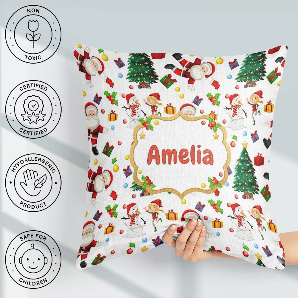 Custom Name Santa Snowman Christmas Tree Seamless Pattern Design Square Filled Cushion Throw Pillow Sofa Bed Home Decor Zip Washable UK Made