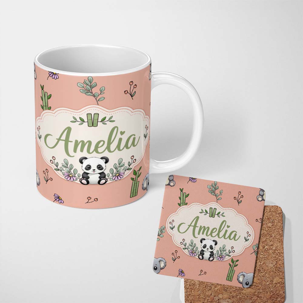 Personalized Custom Name Cute Panda Bamboo and Floral Minimal Seamless Pattern on Peach 11oz Ceramic Coffee Tea Mug White Large Handle