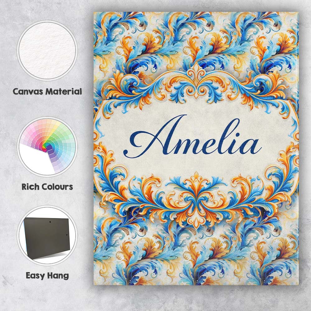 Personalised Name Blue Orange Baroque Floral Ornamental Decorative Custom Unique Canvas Wall Art Print Decor Picture Ready to Hang