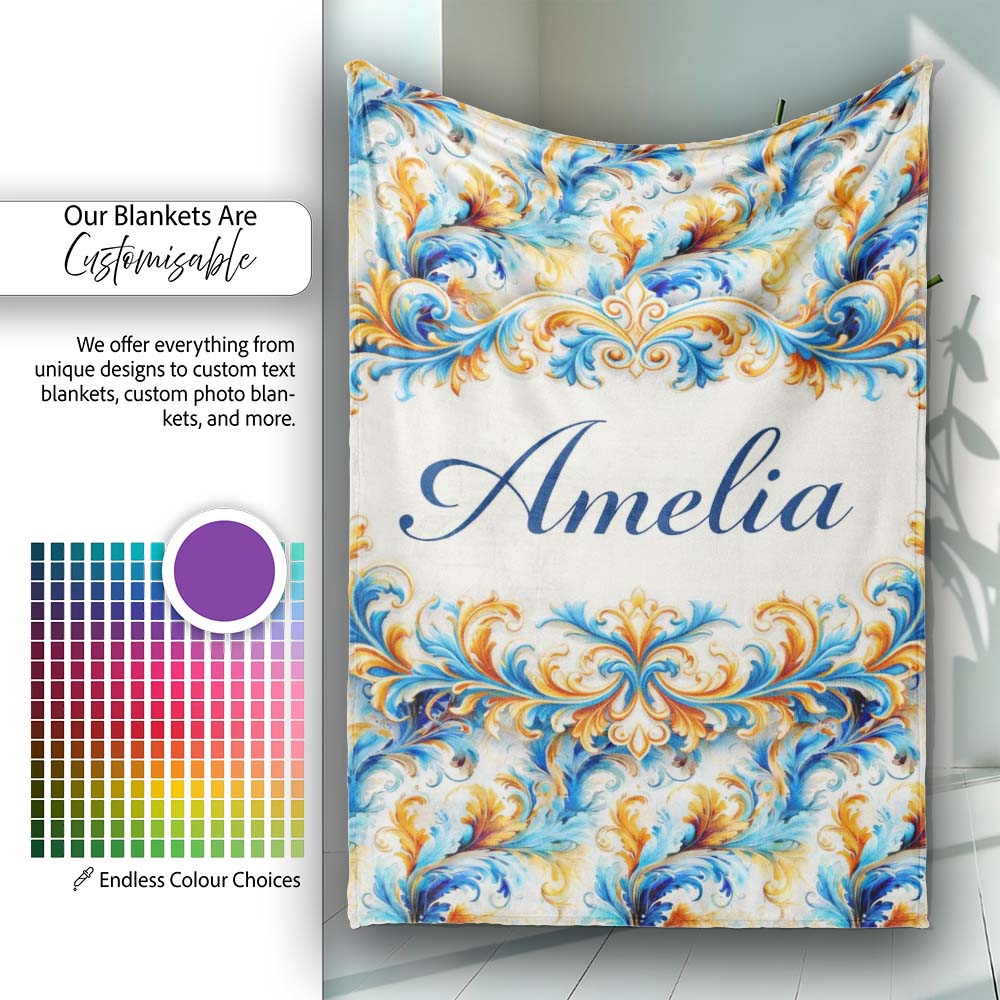 Blue Orange Baroque Floral Ornamental Decorative Design Lovely Personalised Custom Name Super Soft Fleece Blanket Bed Sofa Throw