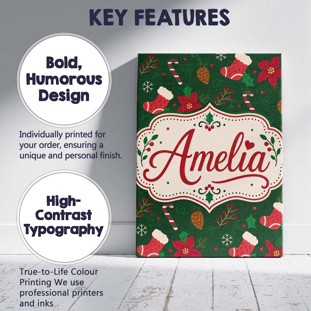 Personalised Name Christmas Stocking Candy Custom Unique Gift Idea Elegant Feature Canvas Wall Art Print Decor Picture Ready to Hang