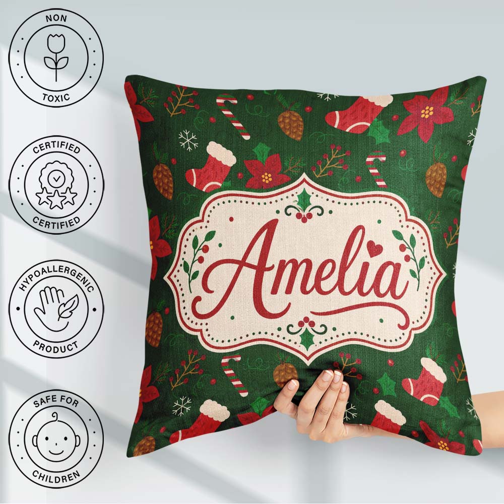Custom Name Christmas Stocking Candy Poinsettia Seamless Pattern Square Filled Cushion Throw Pillow Sofa Bed Home Decor Zip Washable UK Made