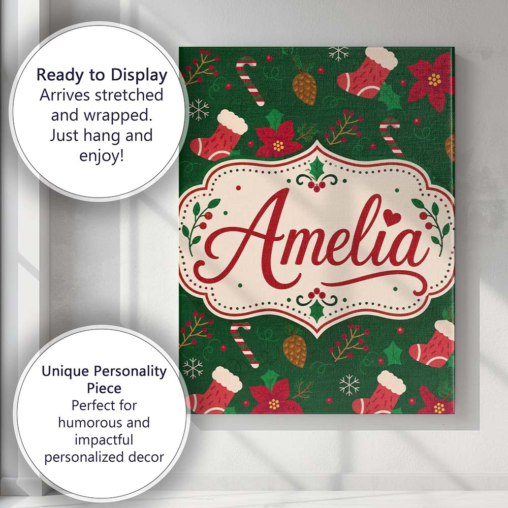 Personalised Name Christmas Stocking Candy Custom Unique Gift Idea Elegant Feature Canvas Wall Art Print Decor Picture Ready to Hang