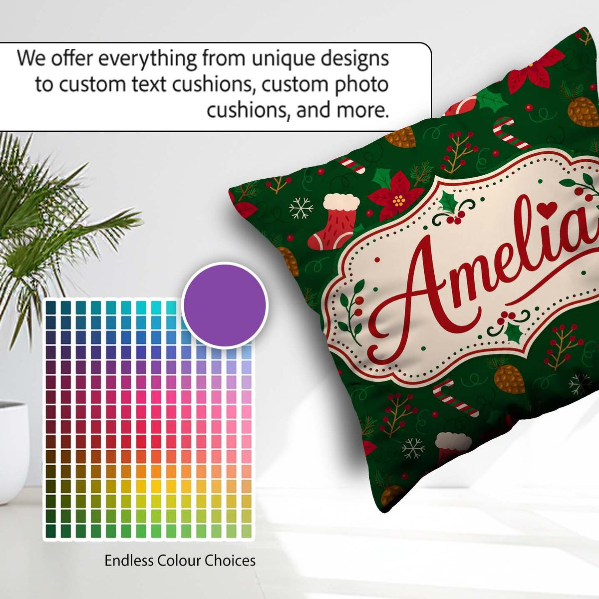 Custom Name Christmas Stocking Candy Poinsettia Seamless Pattern Square Filled Cushion Throw Pillow Sofa Bed Home Decor Zip Washable UK Made