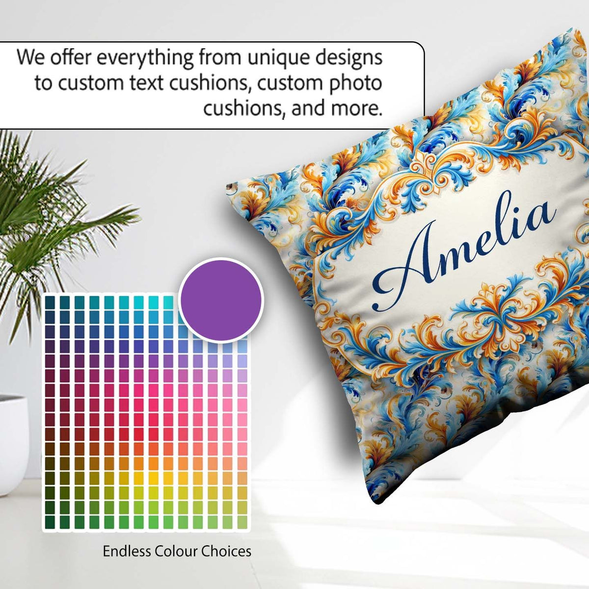 Custom Name Blue Orange Baroque Floral Ornamental Design Lovely Square Filled Cushion Throw Pillow Sofa Bed Home Decor Zip Washable UK Made