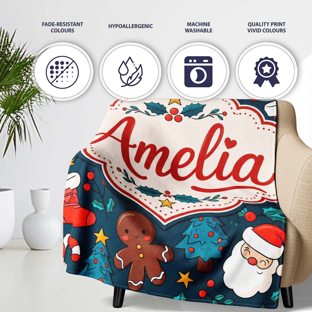 Cute Gingerbread Santa Tree Candy Cane Seamless Pattern Design Kids Personalised Custom Name Super Soft Fleece Blanket Bed Sofa Throw