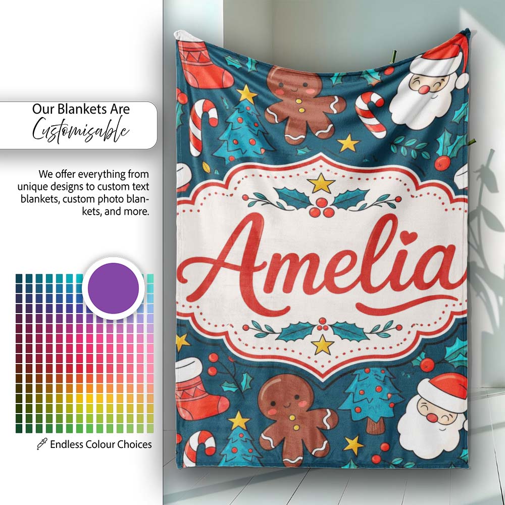 Cute Gingerbread Santa Tree Candy Cane Seamless Pattern Design Kids Personalised Custom Name Super Soft Fleece Blanket Bed Sofa Throw