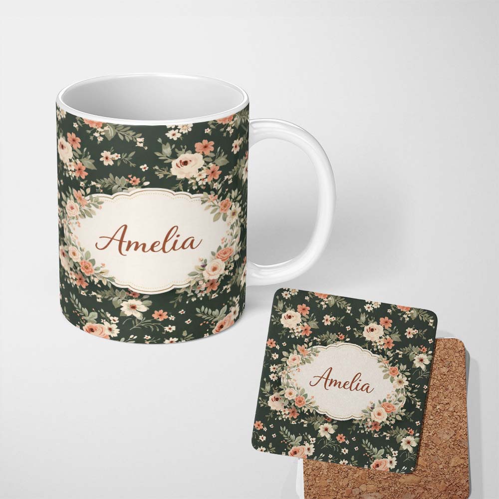 Personalized Custom Name Dark Green Floral Vintage Rose Pattern Elegant Seamless Design 11oz Ceramic Coffee Tea Mug White Large Handle