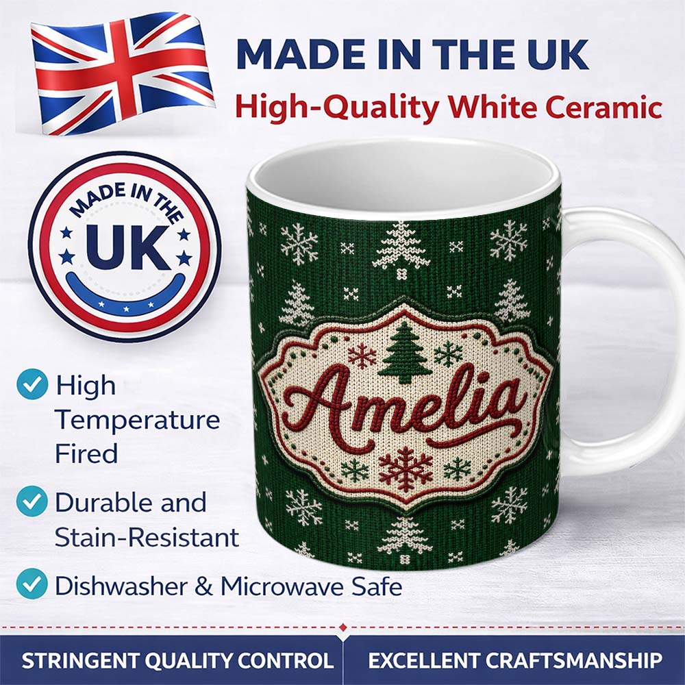Personalized Custom Name Cute Green Knitted Christmas Tree Snowflake Nordic Seamless Pattern 11oz Ceramic Coffee Tea Mug White Large Handle