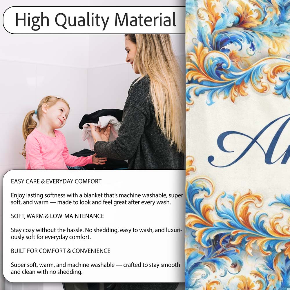 Blue Orange Baroque Floral Ornamental Decorative Design Lovely Personalised Custom Name Super Soft Fleece Blanket Bed Sofa Throw