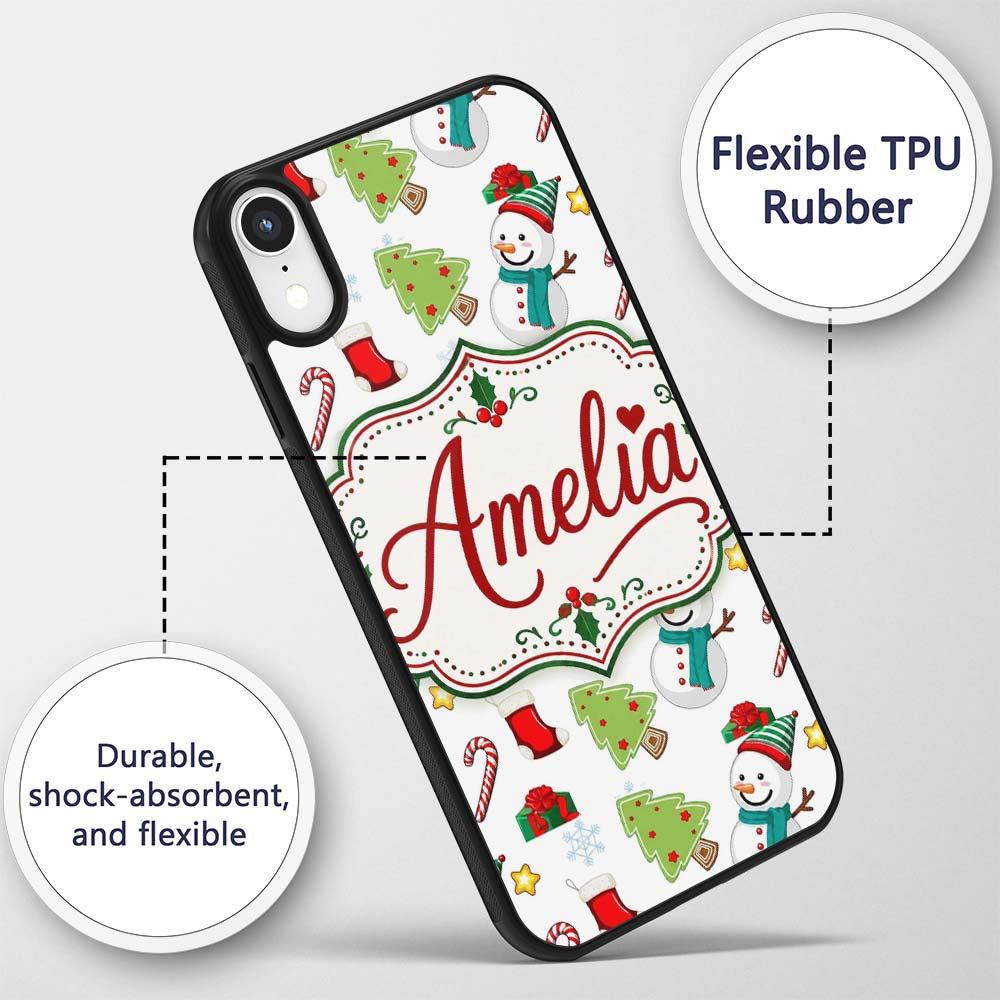 Cute Snowman Candy Cane Gift Tree Printed Design Custom Name Protective Phone Case Mobile Cover Durable Everyday Smartphone Shock Resistant