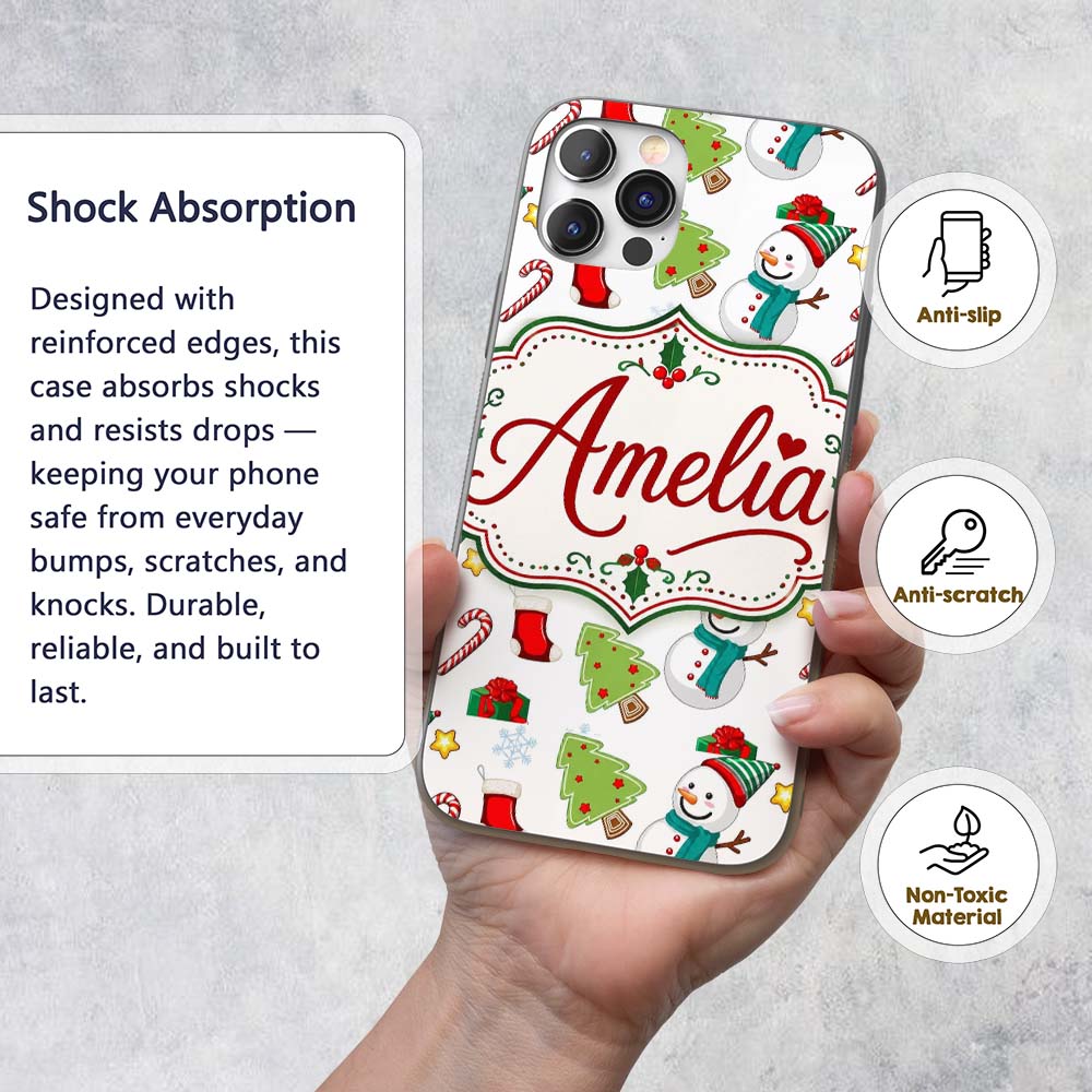 Cute Snowman Candy Cane Gift Tree Printed Design Custom Name Protective Phone Case Mobile Cover Durable Everyday Smartphone Shock Resistant