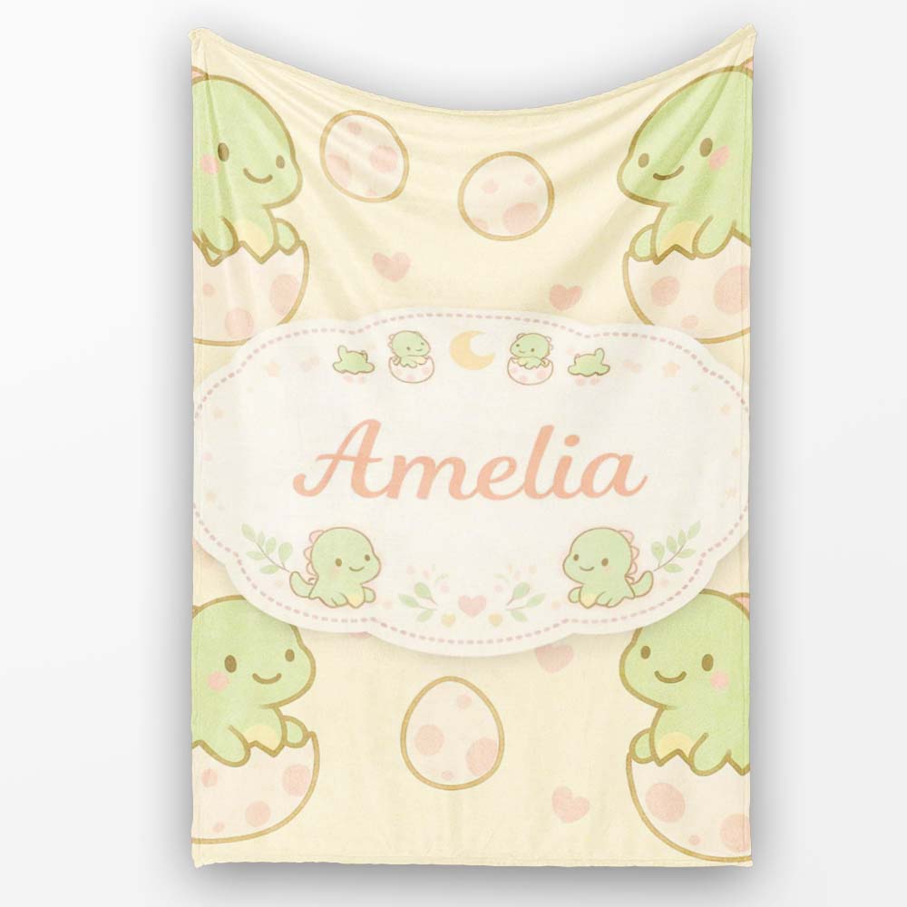 Cute Baby Dinosaur Egg Cartoon Animal Pattern Cute Unique Gift Personalised Custom Name Super Soft Fleece Blanket Bed Sofa Throw