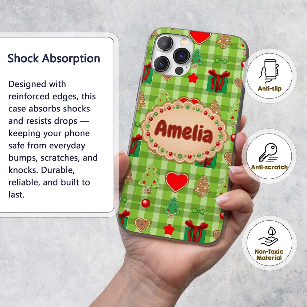 Cute Christmas Tree Gift Heart Plaid Seamless Custom Name Protective Phone Case Mobile Cover Durable Everyday Smartphone Shock Resistant