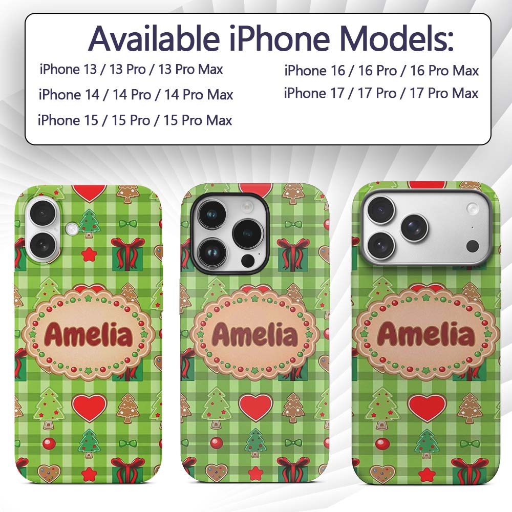 Cute Christmas Tree Gift Heart Plaid Seamless Custom Name Protective Phone Case Mobile Cover Durable Everyday Smartphone Shock Resistant