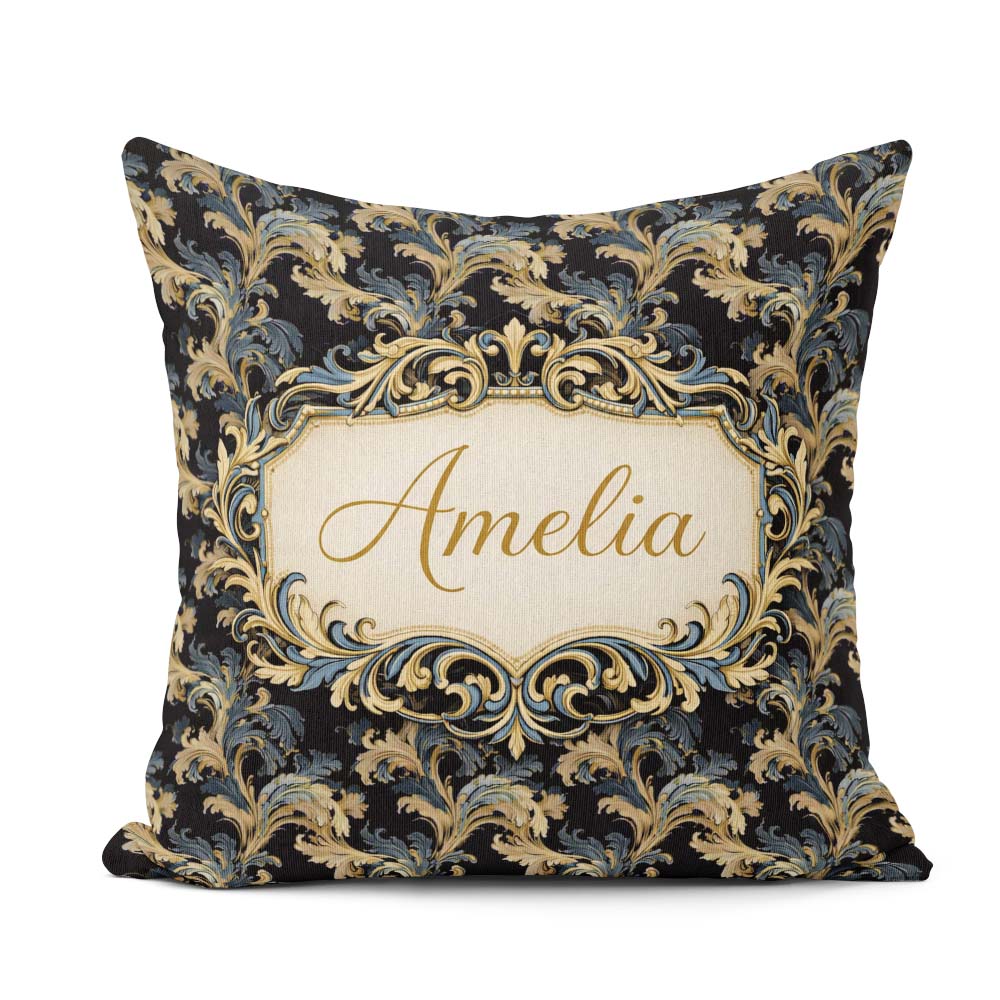 Custom Name Gold Blue Baroque Floral Seamless Elegant Ornamental Square Filled Cushion Throw Pillow Sofa Bed Home Decor Zip Washable UK Made