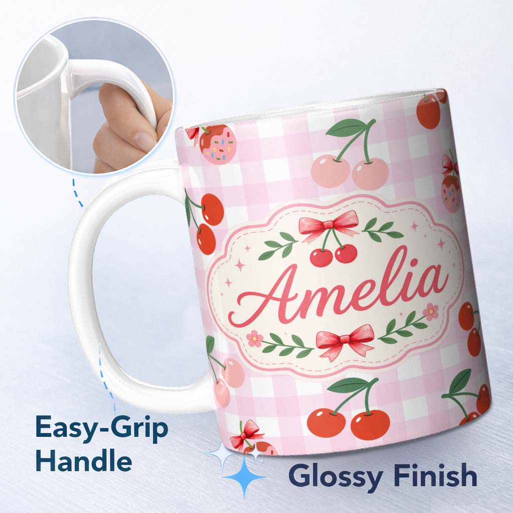 Personalized Custom Name Cherry Fruit Yellow Gingham Picnic Check Seamless Pattern Lovely 11oz Ceramic Coffee Tea Mug White Large Handle