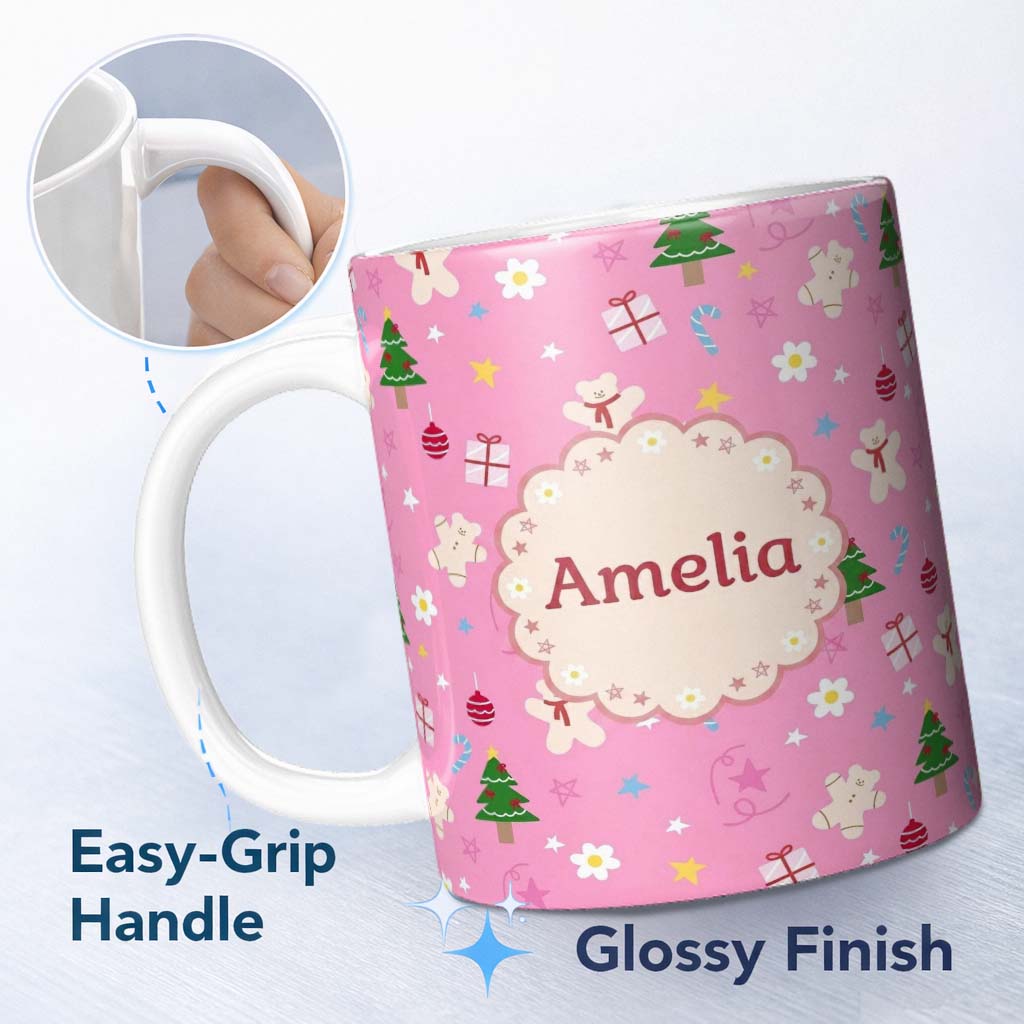 Personalized Custom Name Cute Christmas Gingerbread Tree Candy Star Seamless Pattern Lovely 11oz Ceramic Coffee Tea Mug White Large Handle